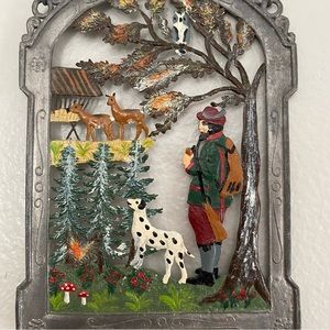 Vintage Pewter Wall Hanging of Woodsman in Forest